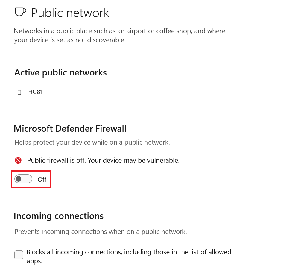 Microsoft Defender Firewall toggle button highlighted in Public Network settings.