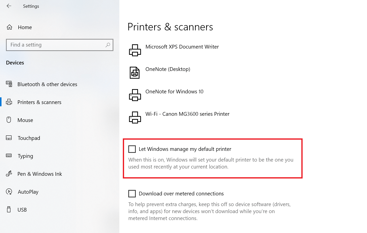"Let Windows manage my default printer" option highlighted in Windows 10 Settings.