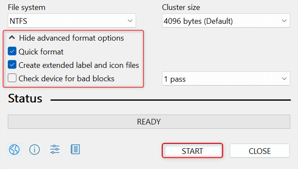 Advanced format options and "Start" button highlighted on Rufus.