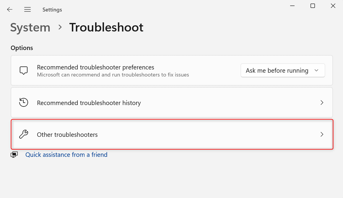 "Other troubleshooters" option highlighted in Settings.