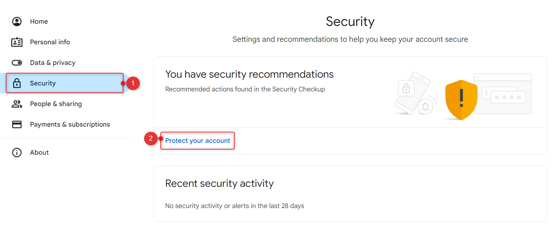 "Protect your account" highlighted in Google Account Security tab.