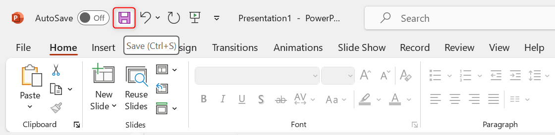 "Save" icon highlighted in PowerPoint Quick Access Toolbar.