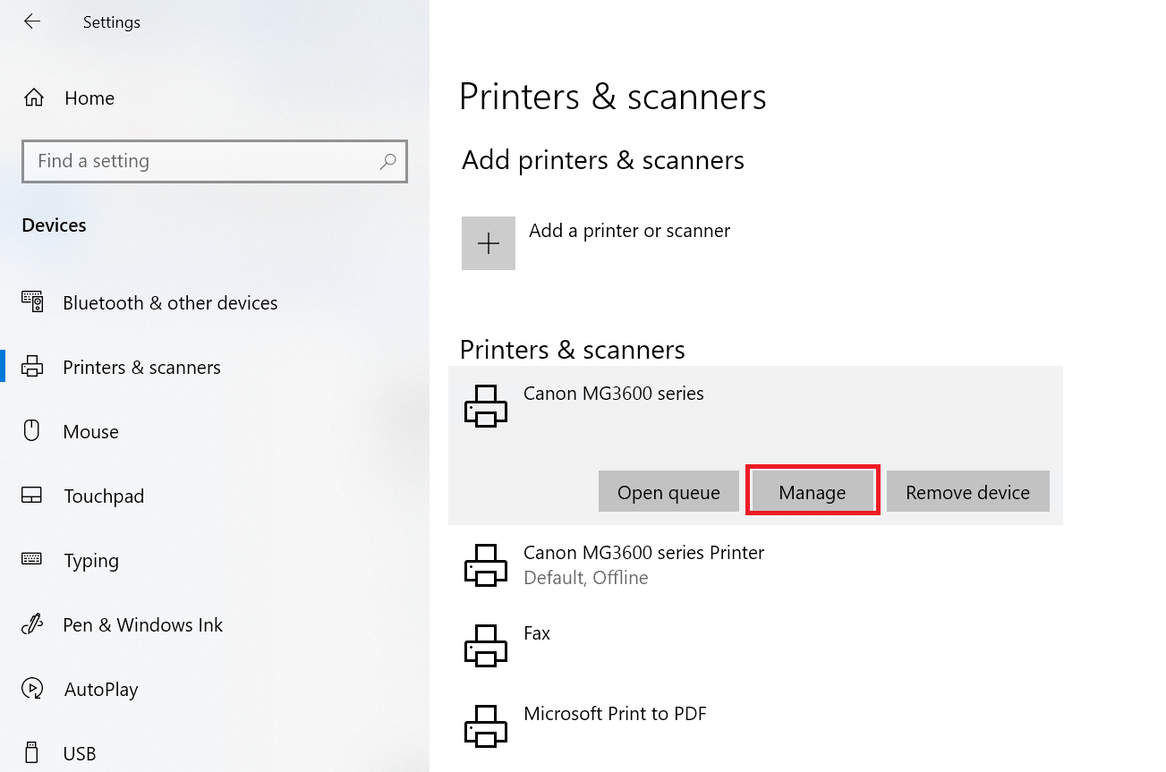 "Manage" button highlighted in Windows 10 Settings.