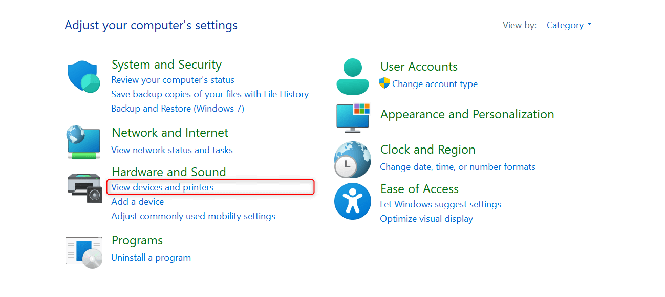 "View devices and printers" option highlighted in Control Panel.