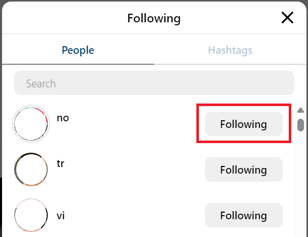 "Following" button highlighted on Instagram for Web.