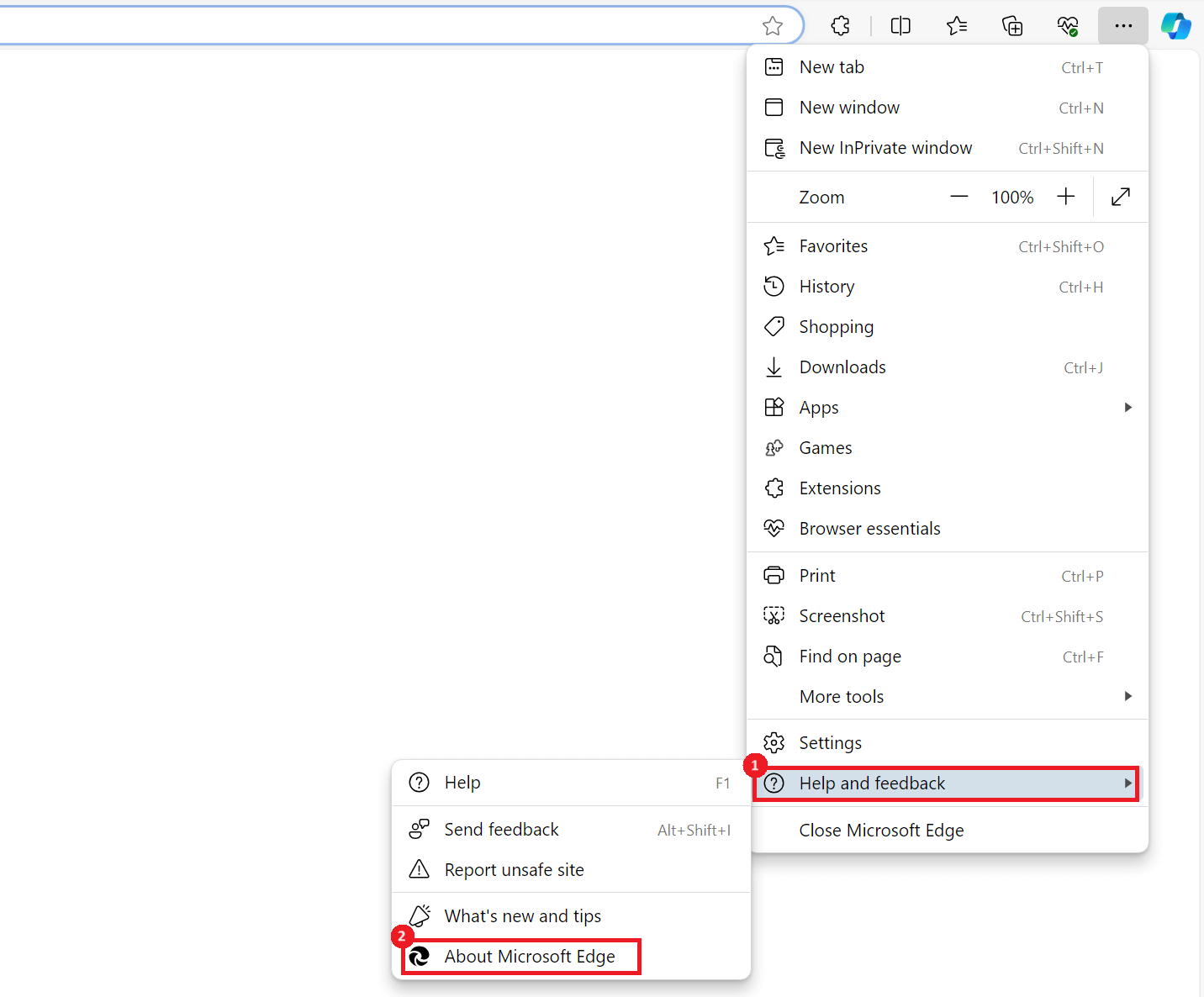 "About Microsoft Edge" highlighted in Edge menu.