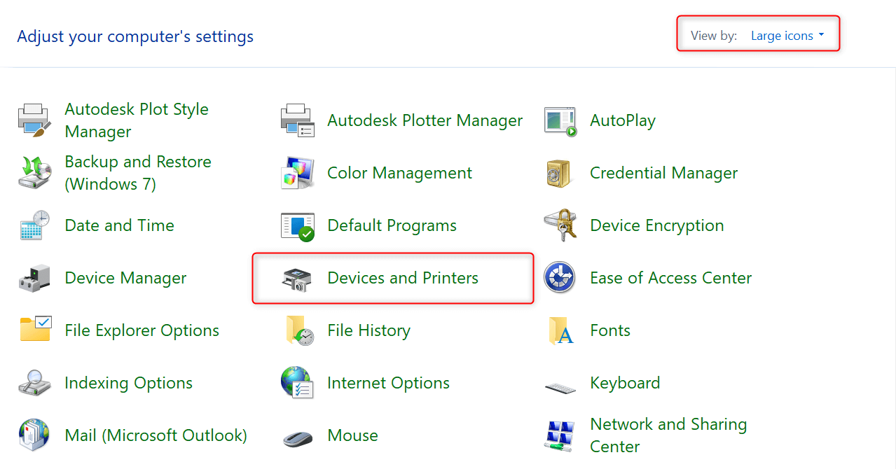 "Devices and printers" option highlighted in Control Panel.