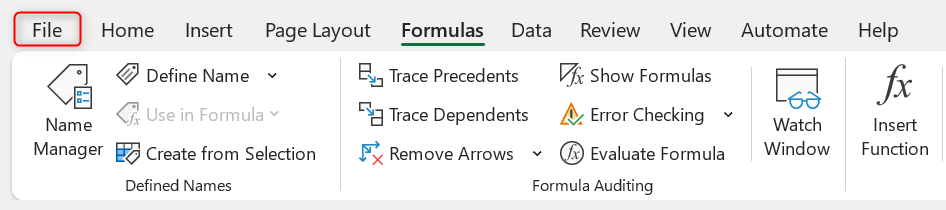 "File" tab highlighted in Excel.