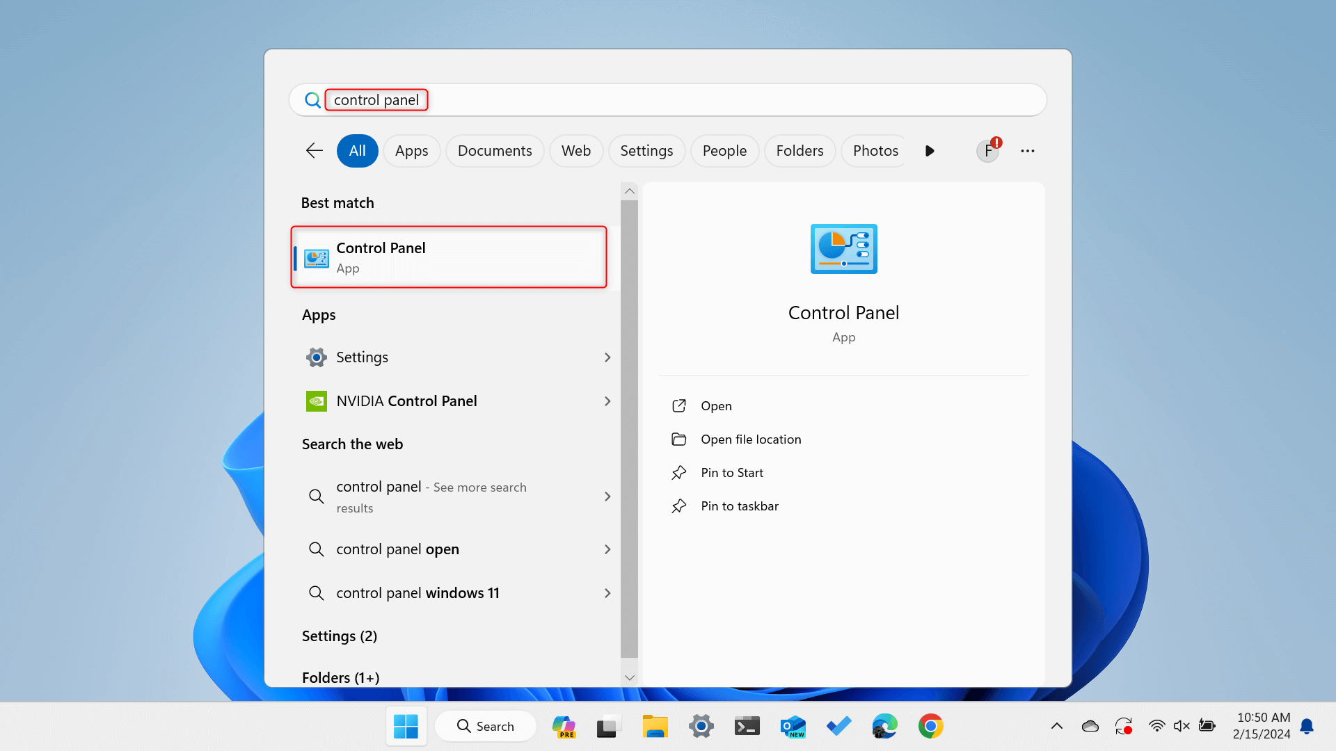 "Control Panel" highlighted in Windows Search.