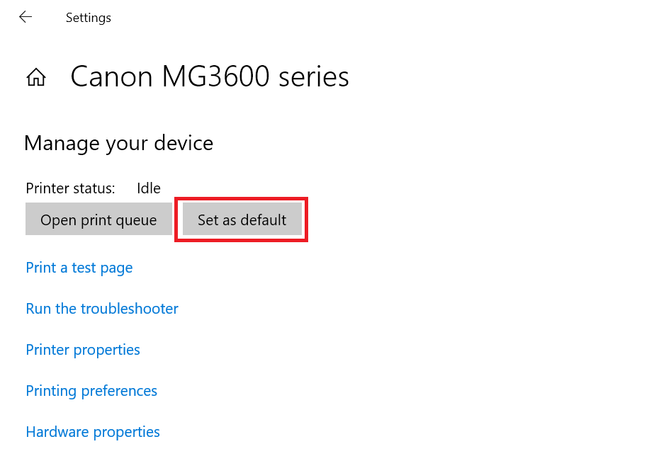 "Set as default" button highlighted in Windows 10 Settings.