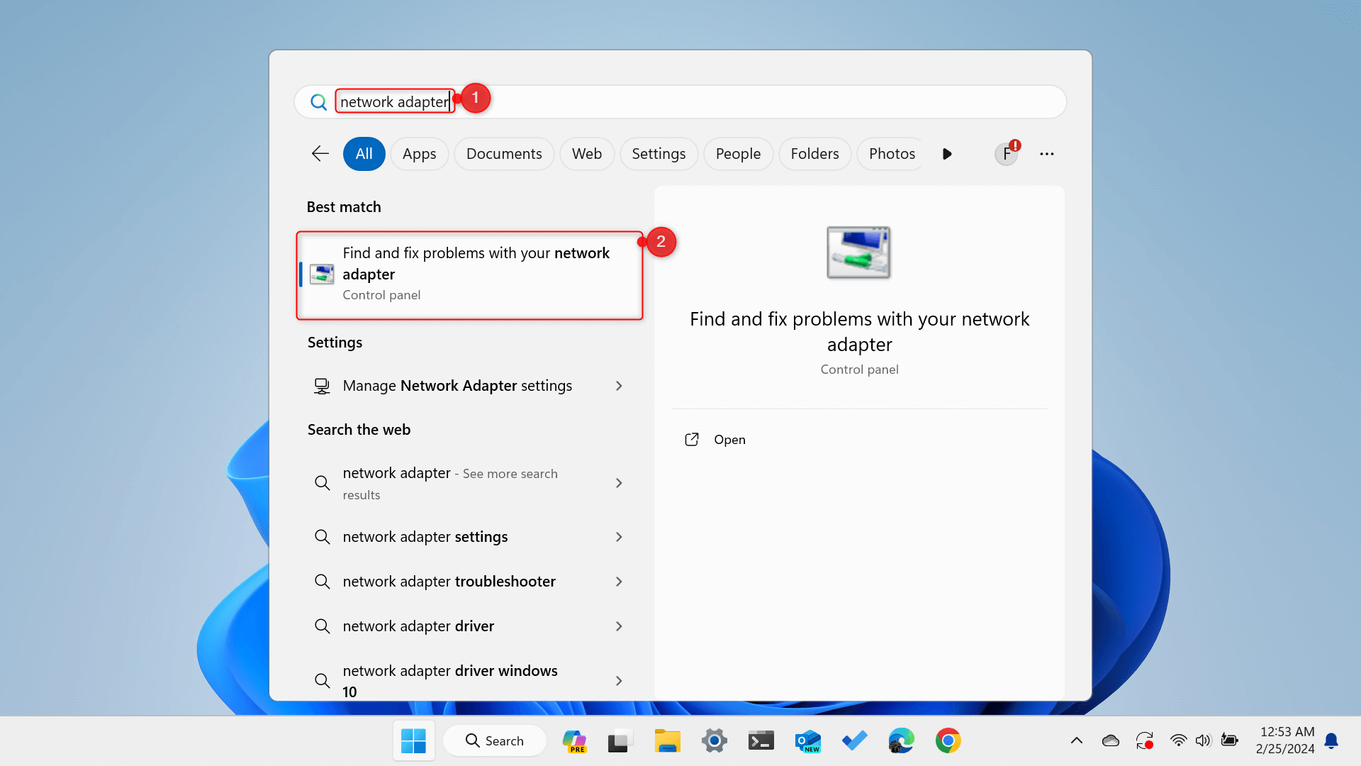 "Find and fix problems with your network adapter" troubleshooter highlighted in Windows search.