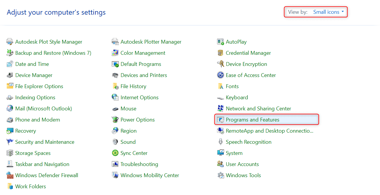 "Programs and Features" highlighted in Control Panel.
