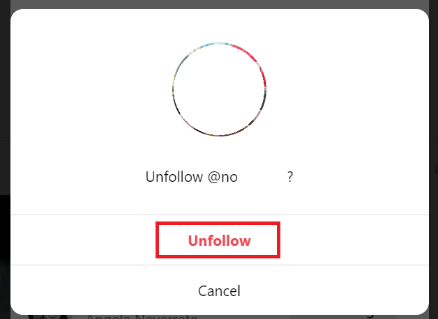 "Unfollow" button highlighted on Instagram for Web.