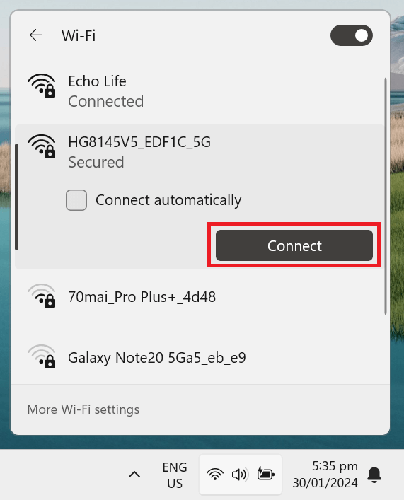 "Connect" button highlighted in Wi-Fi settings.
