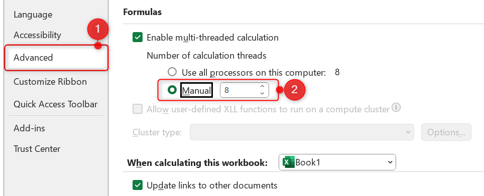 "Advanced" tab and "Manual" mode for calculation thread number highlighted in Excel.