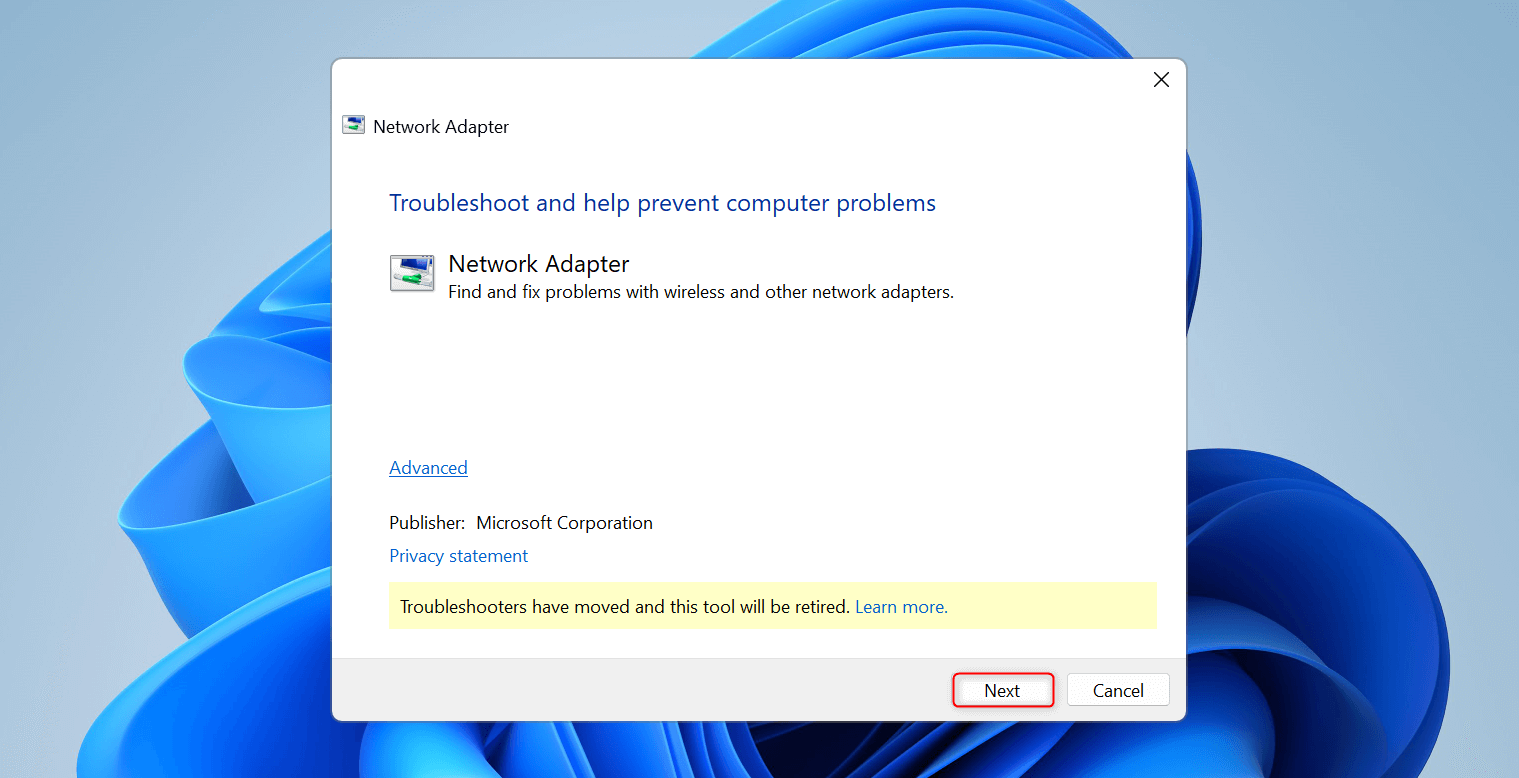 "Next" button highlighted in old Network Adapter troubleshooter.