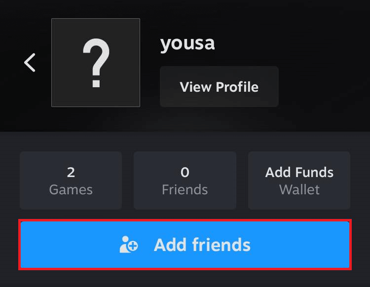 "Add friends" button highlighted on Steam mobile app.