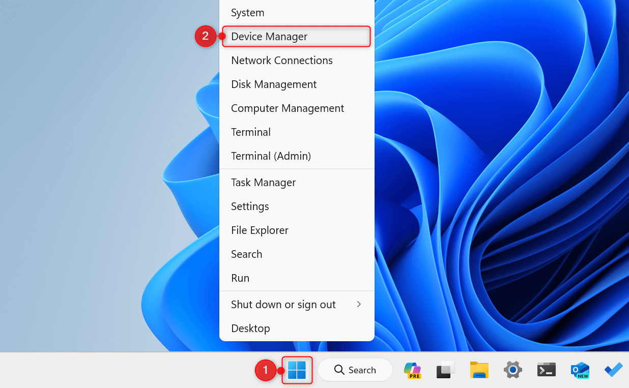 "Device Manager" highlighted in Power User menu.