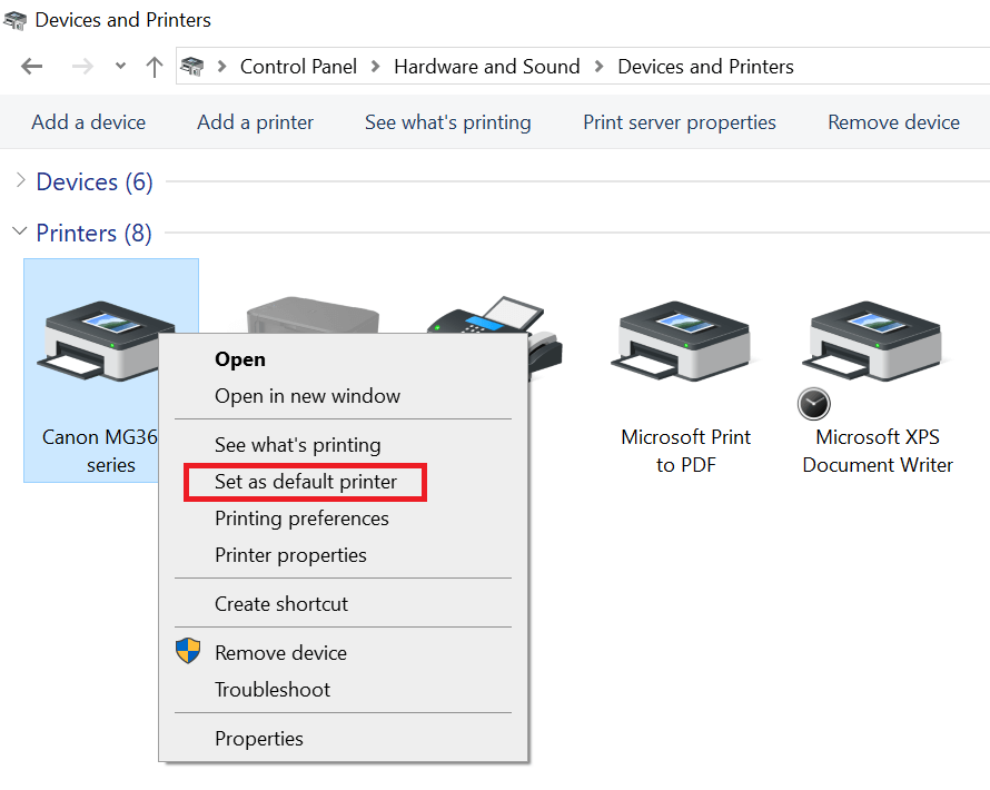 "Set as default printer" option highlighted in Control Panel context menu.