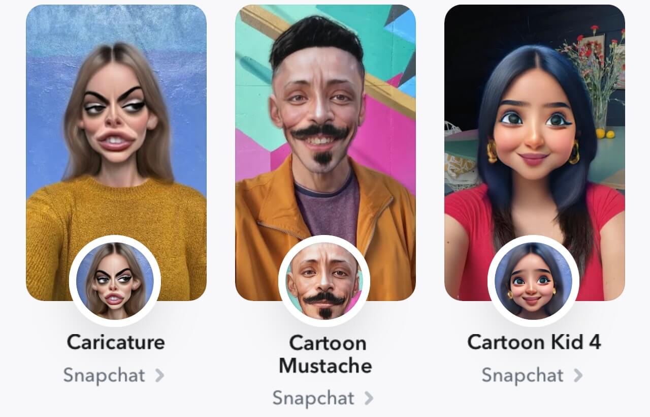 Cartoon face lenses on Snapchat.