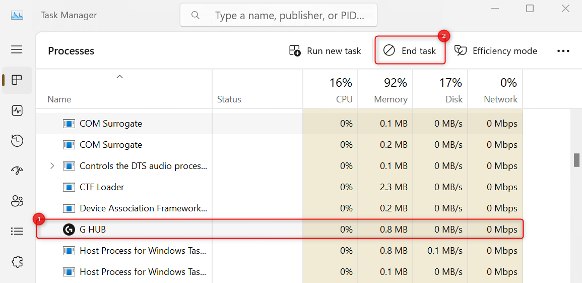 "G HUB" and "End task" button highlighted in Task Manager.