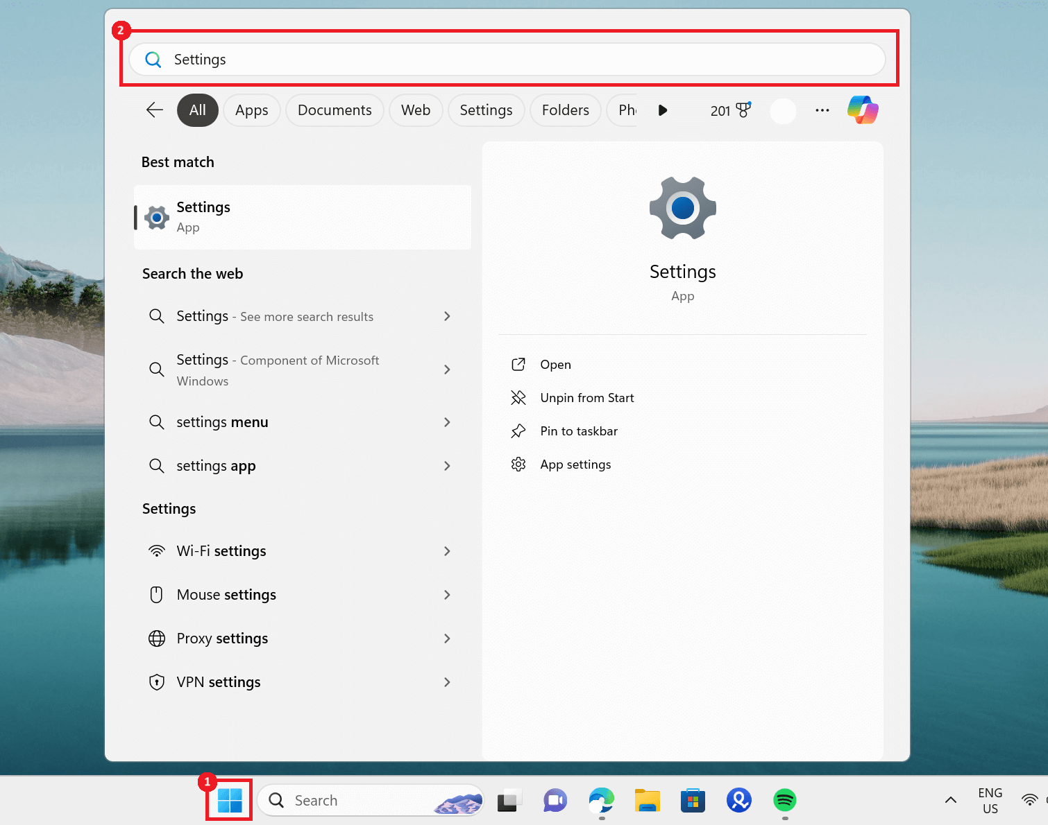 "Settings" highlighted in Windows 11 search bar.