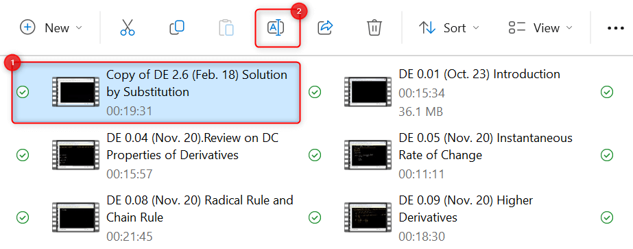 "Rename" button highlighted in File Explorer.