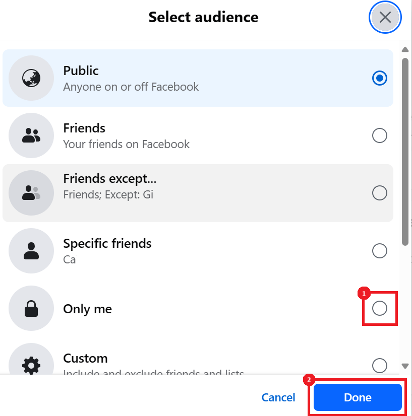 "Only me" option highlighted in Facebook audience settings.