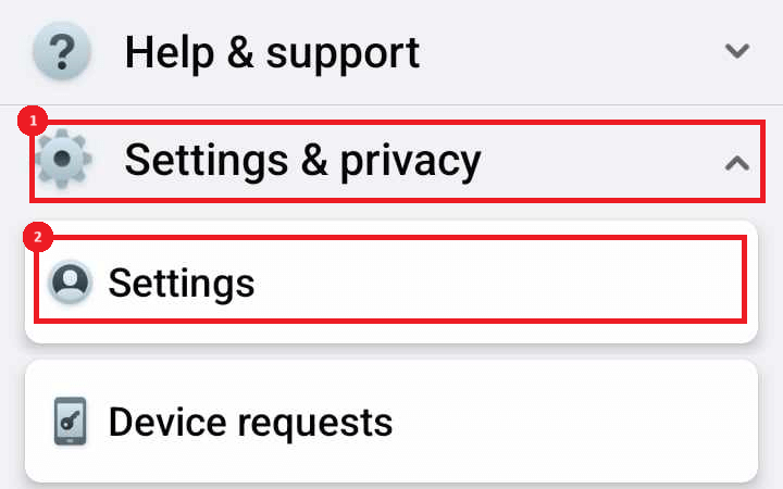 "Settings & privacy" and "Settings" sections in Facebook menu.