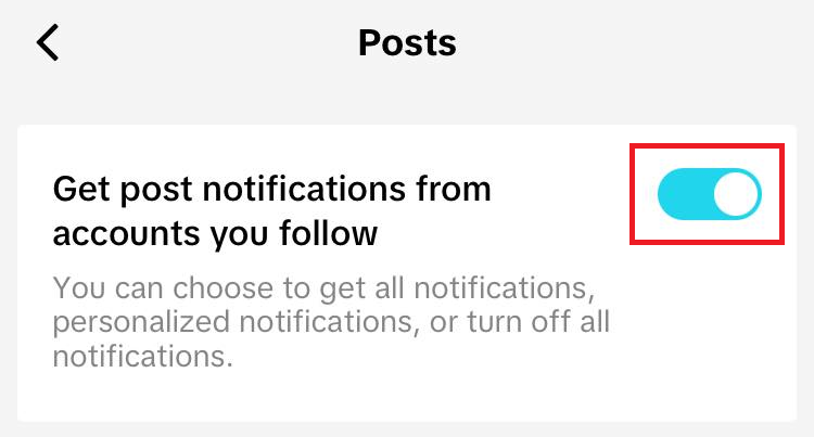 Switch for "Get post notifications from accounts you follow" on TikTok app.