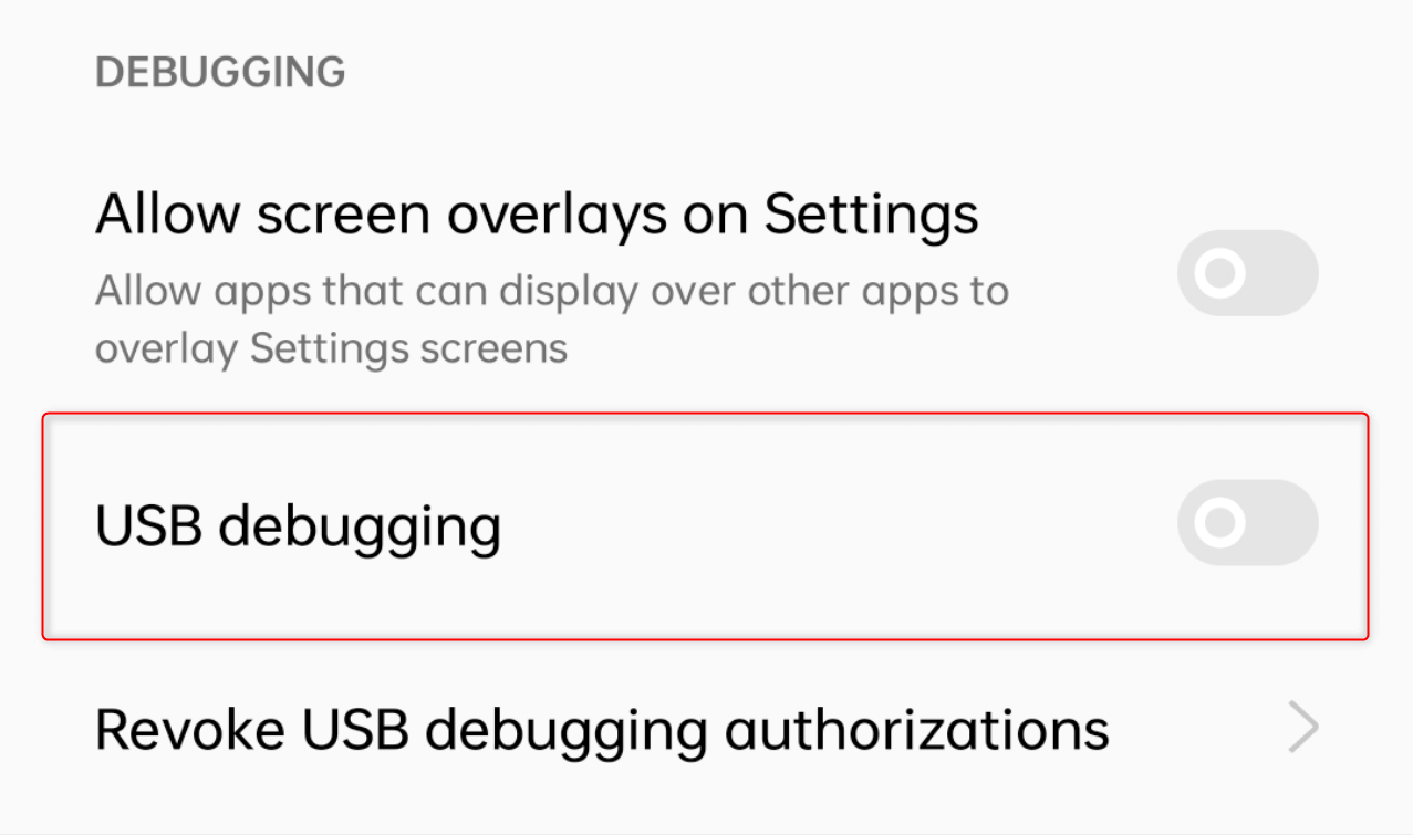 "USB Debugging" option in Android developer options.