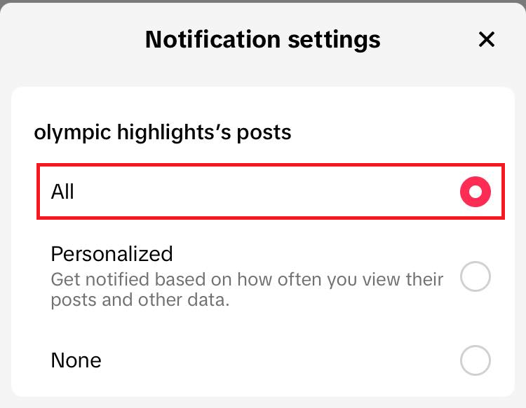 "All" option selected in TikTok notification settings.