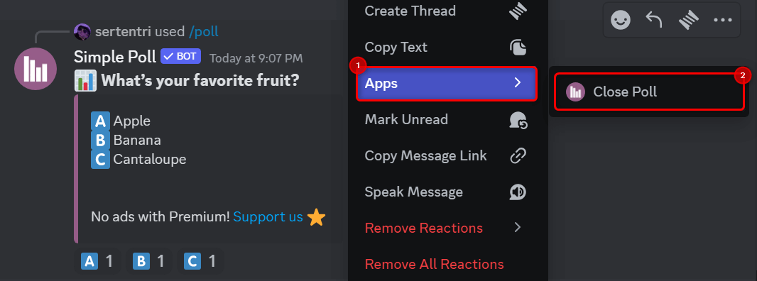 "Apps" and "Close Poll" options highlighted in Discord right-click context menu.