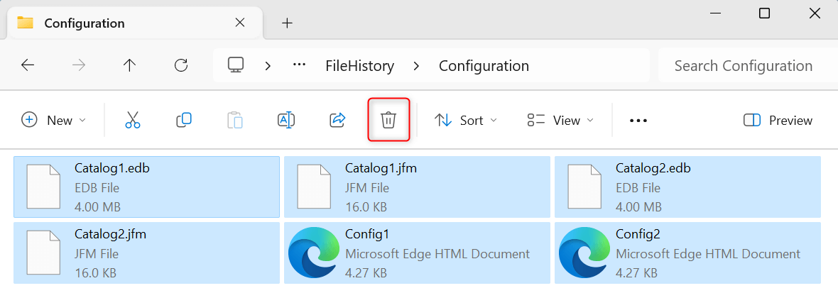 "Delete" trash bin icon highlighted in Configuration folder in File Explorer.