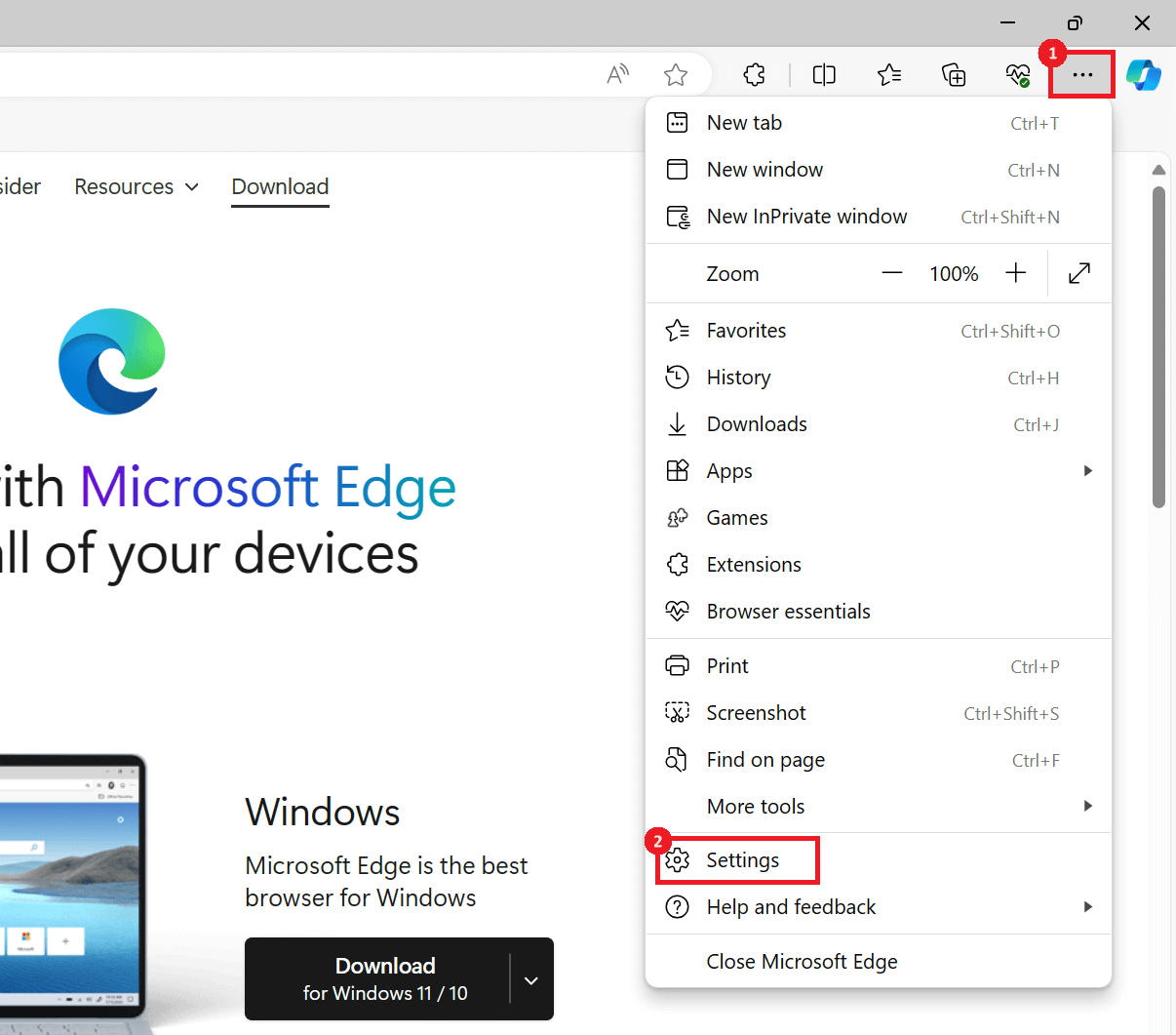 "Settings" option highlighted on Microsoft Edge.