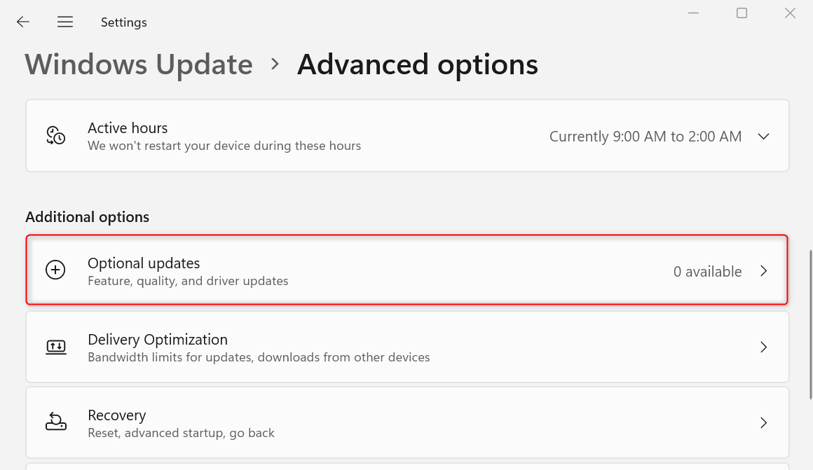 "Optional updates" in Advanced options menu.