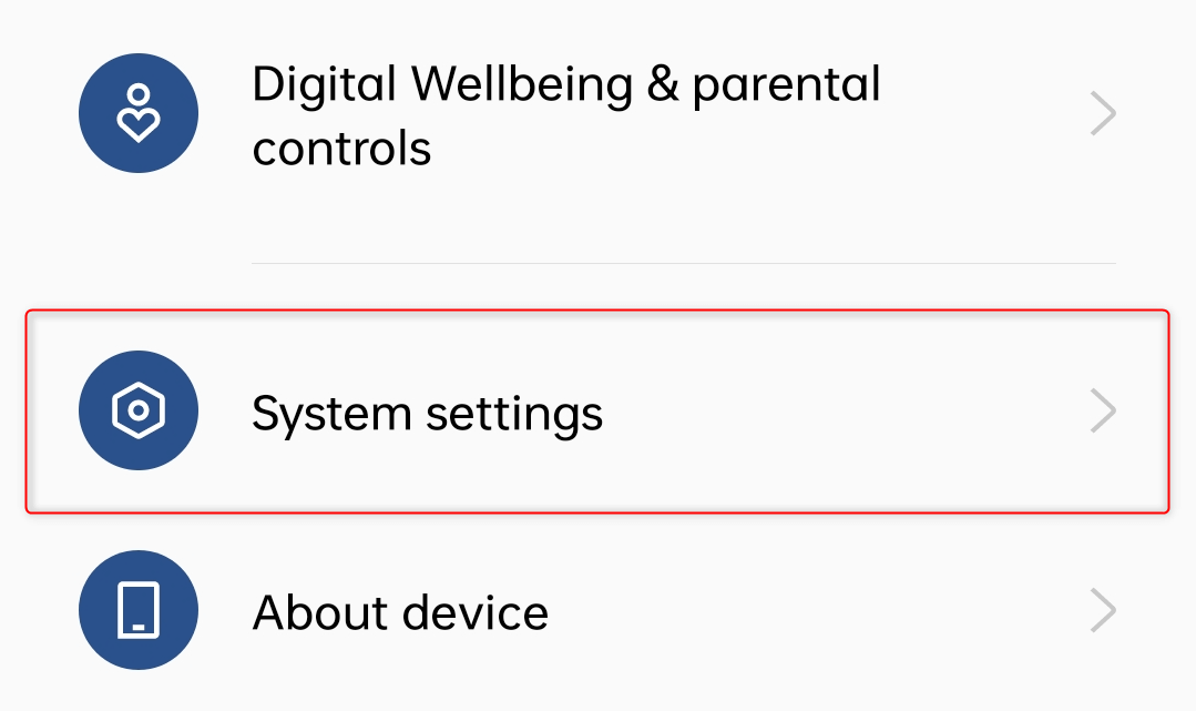 "System settings" highlighted in Android Settings app.