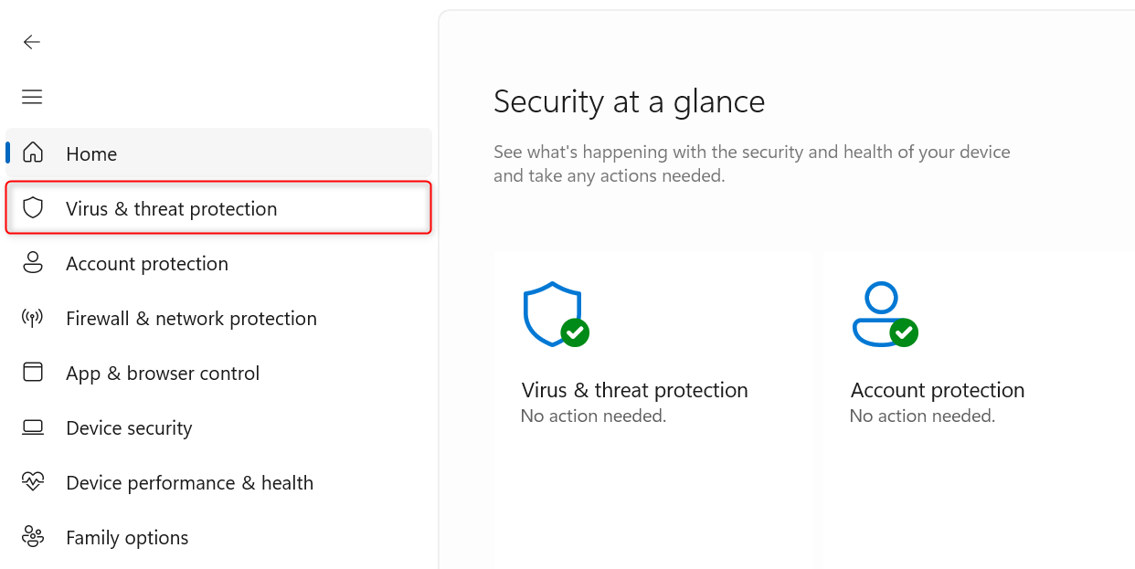 "Virus & threat protection" tab highlighted in Windows Security app.