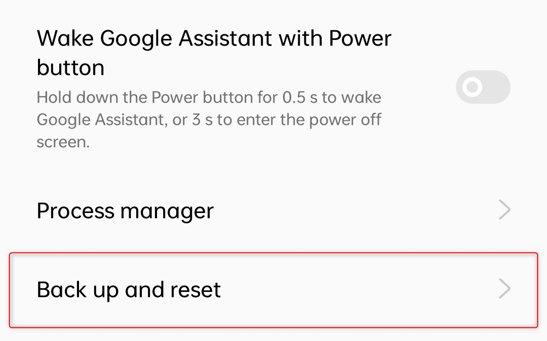 "Back up and reset" option highlighted in Android settings.