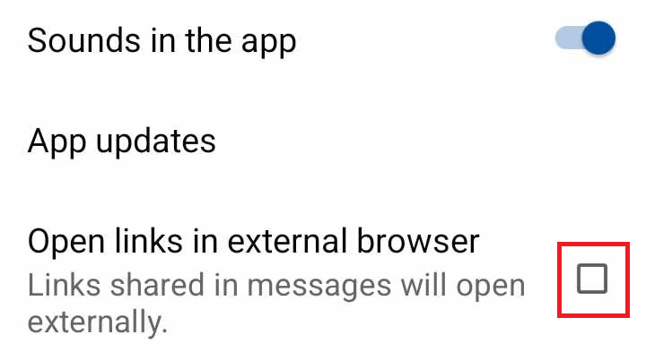 "Open links in external browser" check box in Facebook for Android.