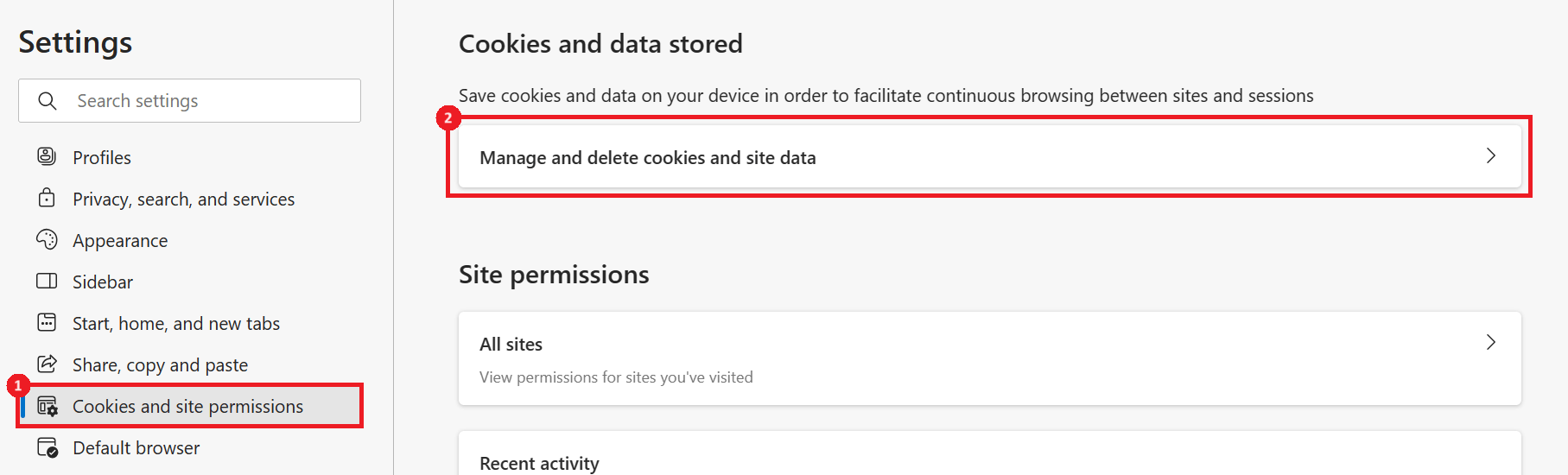 "Manage and delete cookies and site data" option highlighted in Microsoft Edge.