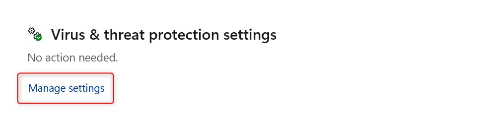 "Manage settings" option highlighted under "Virus & threat protection settings" section.