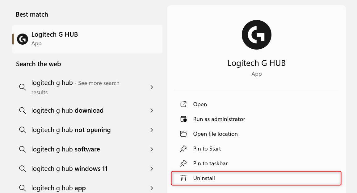 "Uninstall" option for G Hub via Windows Search.