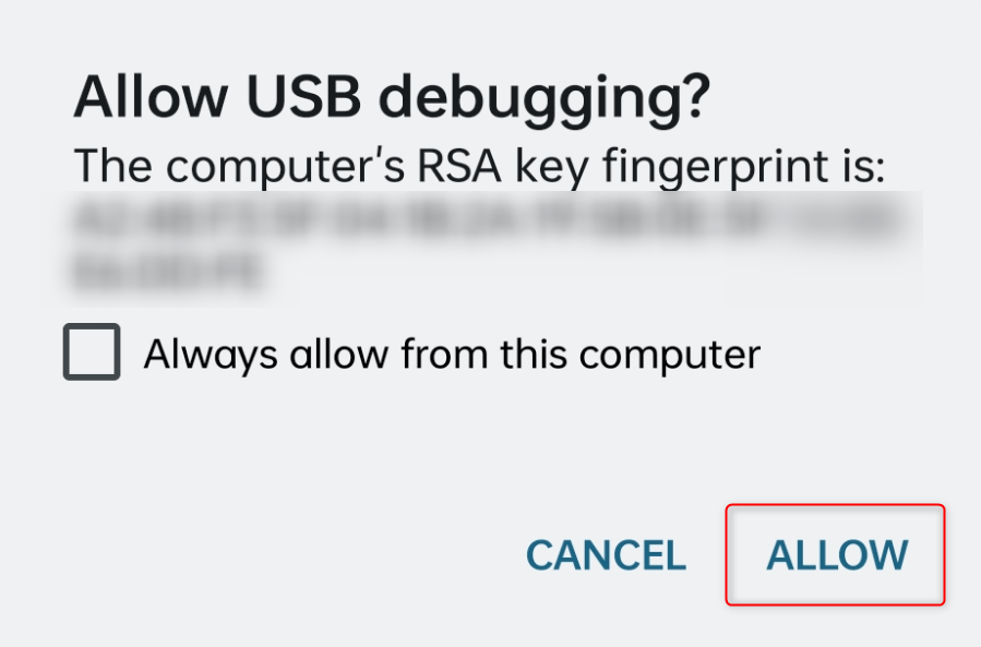 "Allow" button in "Allow USB debugging" confirmation dialog on Android.