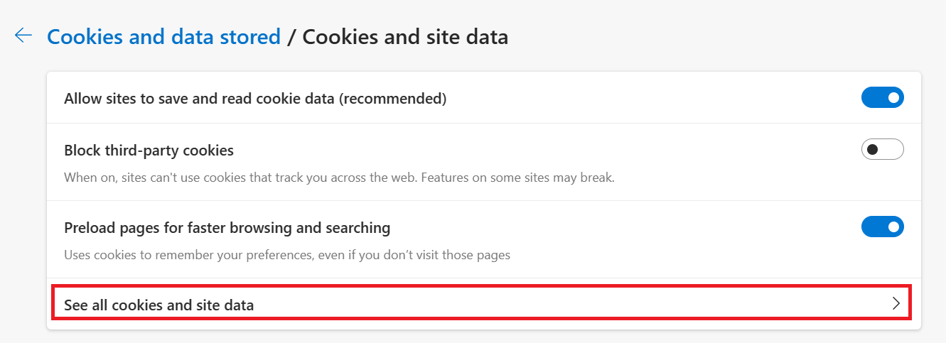 "See all cookies and site data" option highlighted in Microsoft Edge.