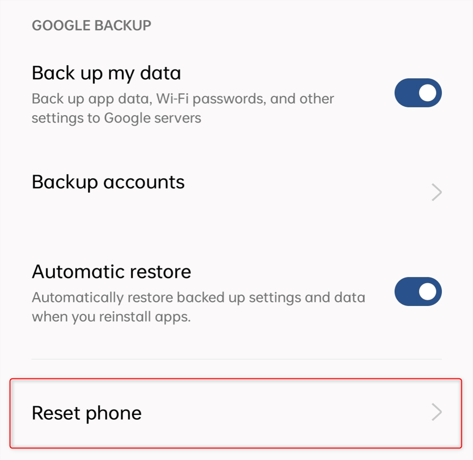 "Reset phone" option highlighted in backup settings in Android.
