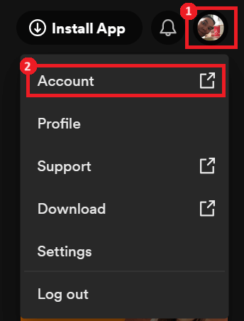 "Account" option highlighted in Profile menu on Spotify.