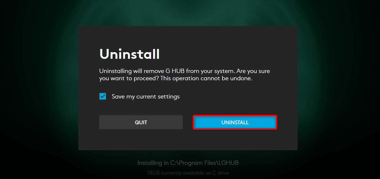 "Uninstall" option in G Hub in-app interface.