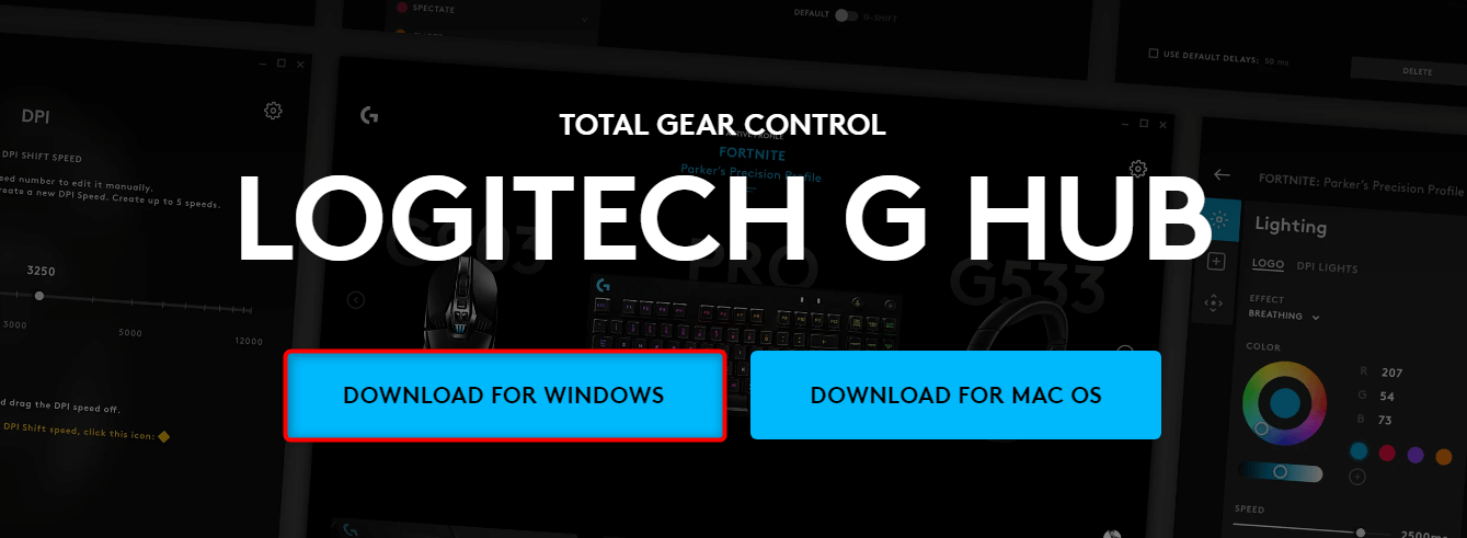 "Download for Windows" button in G Hub's official site.