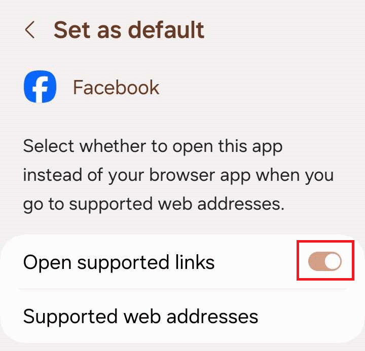 "Open supported links" switch in Facebook preferences.